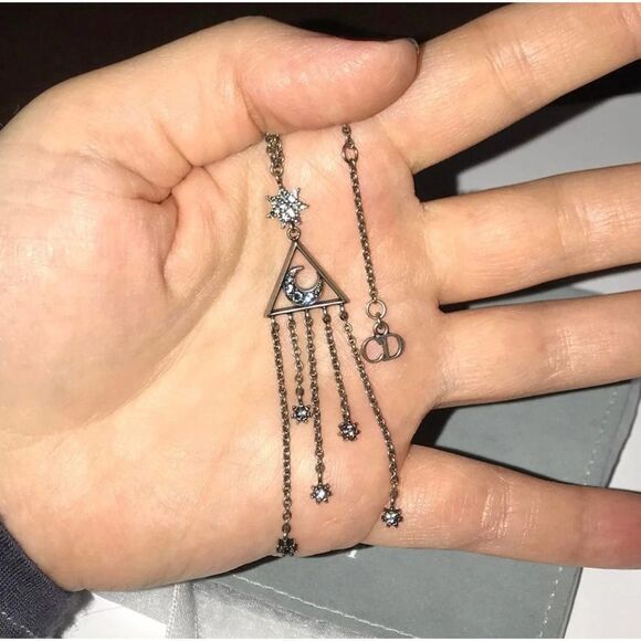 CHRISTIAN DIOR Silver Pendant Lariat Necklace MOON & STARS - Picture 9 of 13